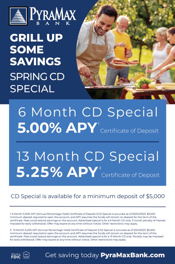Certificate of Deposit 5.00% APY for 6 Month or 5.25% for 13 Months CD special available for minimum deposit of $5,000