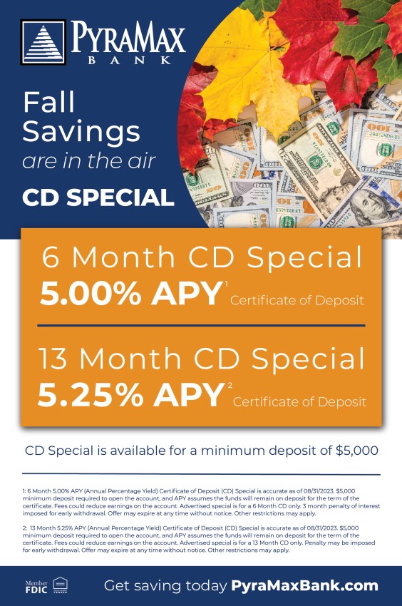 Certificate of Deposit 5.00% APY for 6 Month or 5.25% for 13 Months CD special available for minimum deposit of $5,000