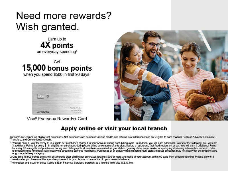 Everyday Rewards Plus Card Earn up to 4x points on everyday spending and get 15,000 bonus points when you spend $500 in first 90 days