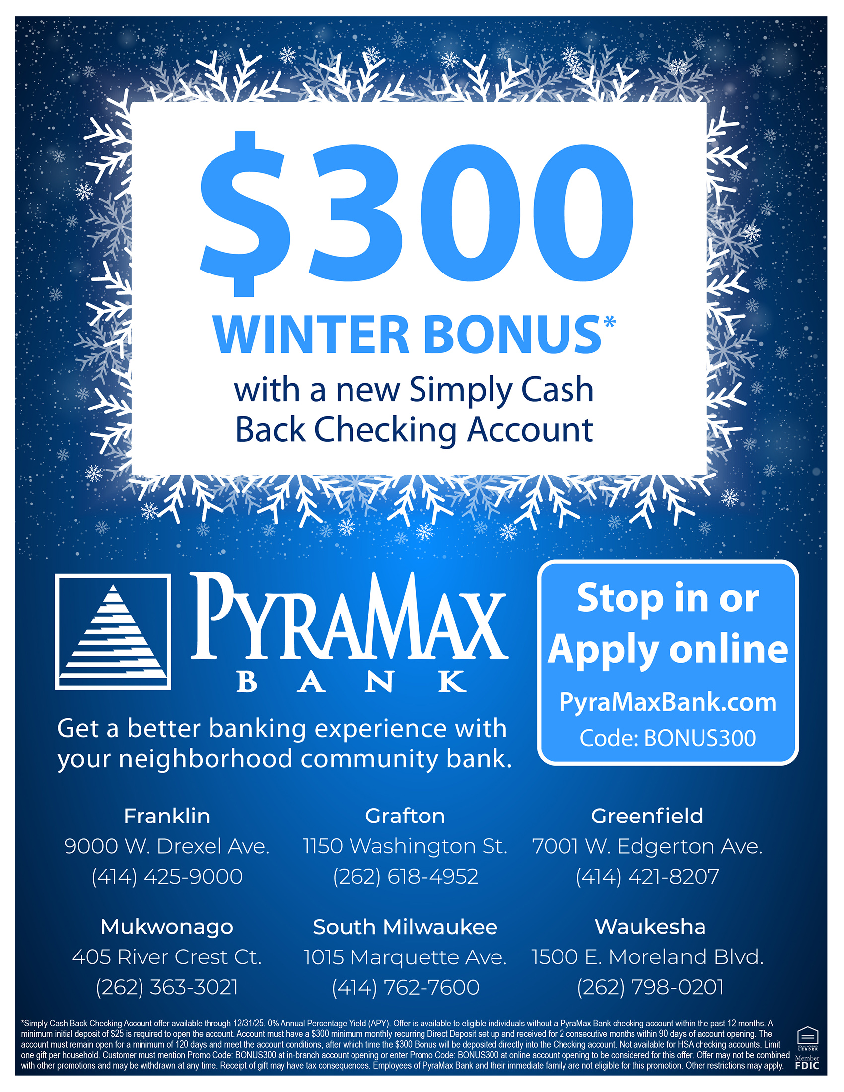 $300 Winter bonus with a new Simply Cash Back Checking Account